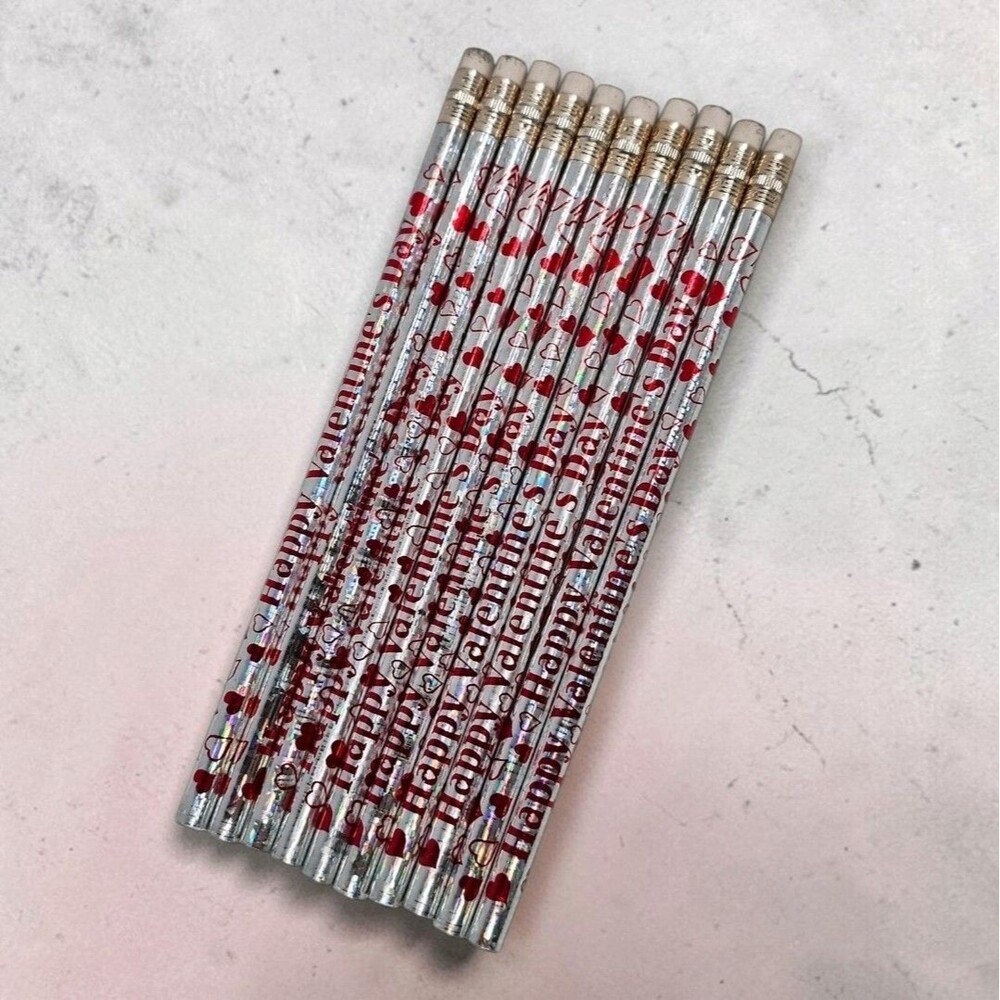 10 Vintage Atlas #2 Pencils Holographic Silver Happy Valentine's Day Heart Red